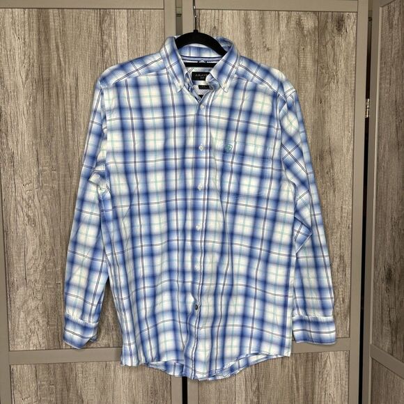 Ariat Men Small Shirt Pro Series Button Down Blue White Long Sleeves Plaid Sz S - Picture 1 of 8